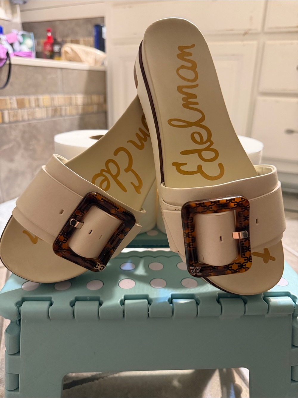 Sam Edelman Cream Slide Sandals with Tortoiseshell Buckles
